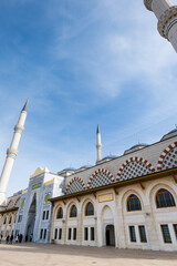 Fototapeta na wymiar Camlica Mosque architecture, located in Istanbul, Turkey, the largest mosque in Turkiye which was completed and opened on 7 March 2019.