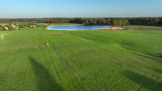 Aerial view of small lake in Warmia, northern Poland, Europe