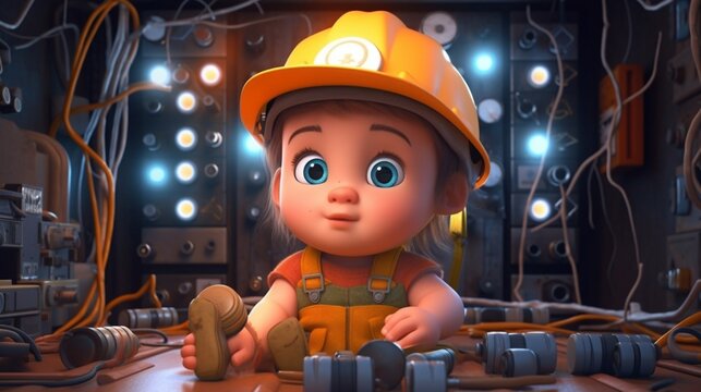 Illustration for children's book depicting an cute baby electrician. Generative AI.
