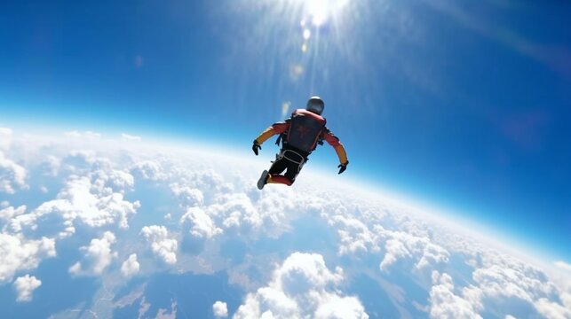 Skydiving. Little boy in free fall. Extreme sport. Generative AI.