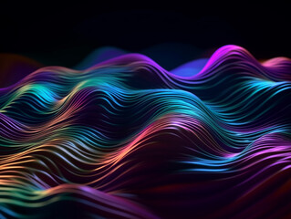 Shiny liquid wave in motion background for banner. Abstract pink blue black hologram glow fluid backdrop. Generative AI
