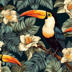 toucan paradise seamless pattern for tropical designs - obrazy, fototapety, plakaty