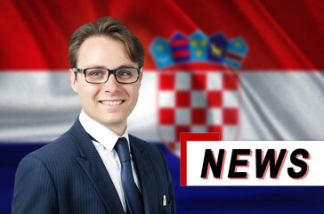 News anchor, tells the latest news, smiling, against the background of the flag of Croatia