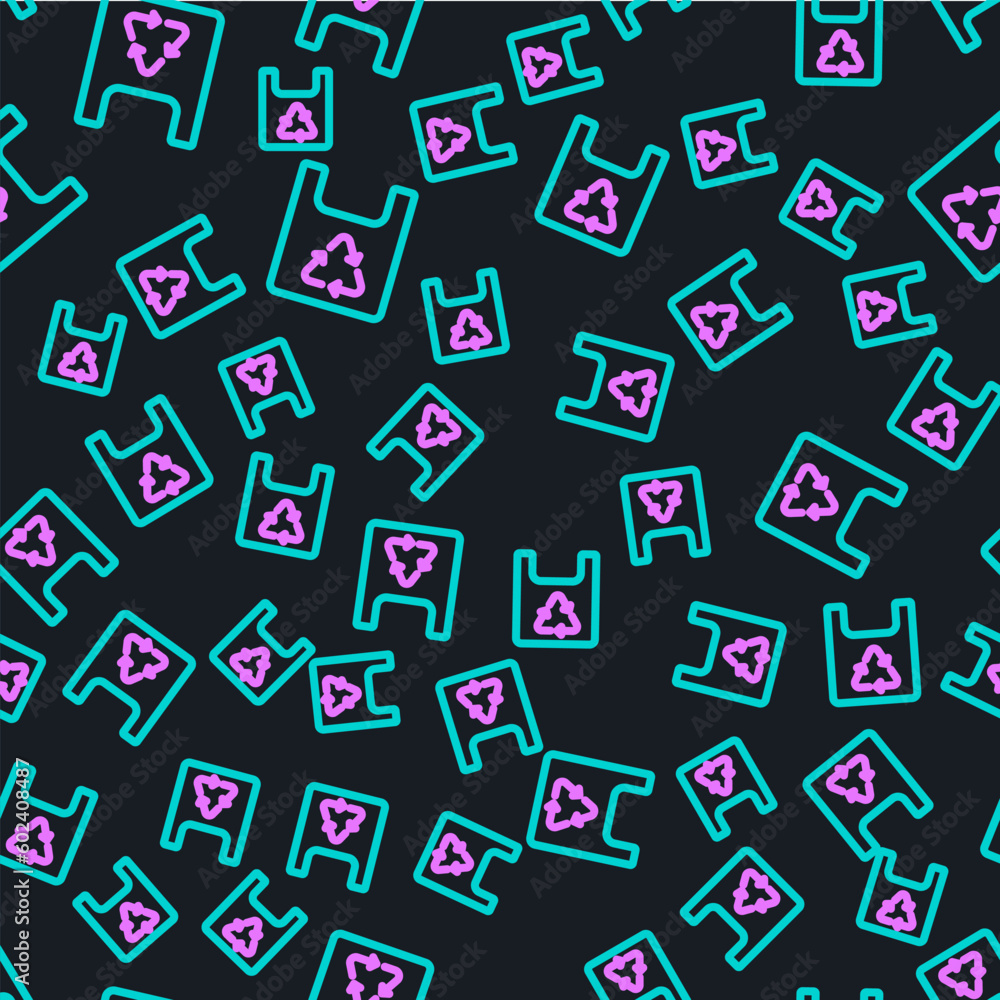 Poster line paper shopping bag with recycle icon isolated seamless pattern on black background. bag with re