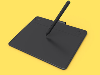 Graphic tablet and pen for illustrators, designers and photographers on yellow