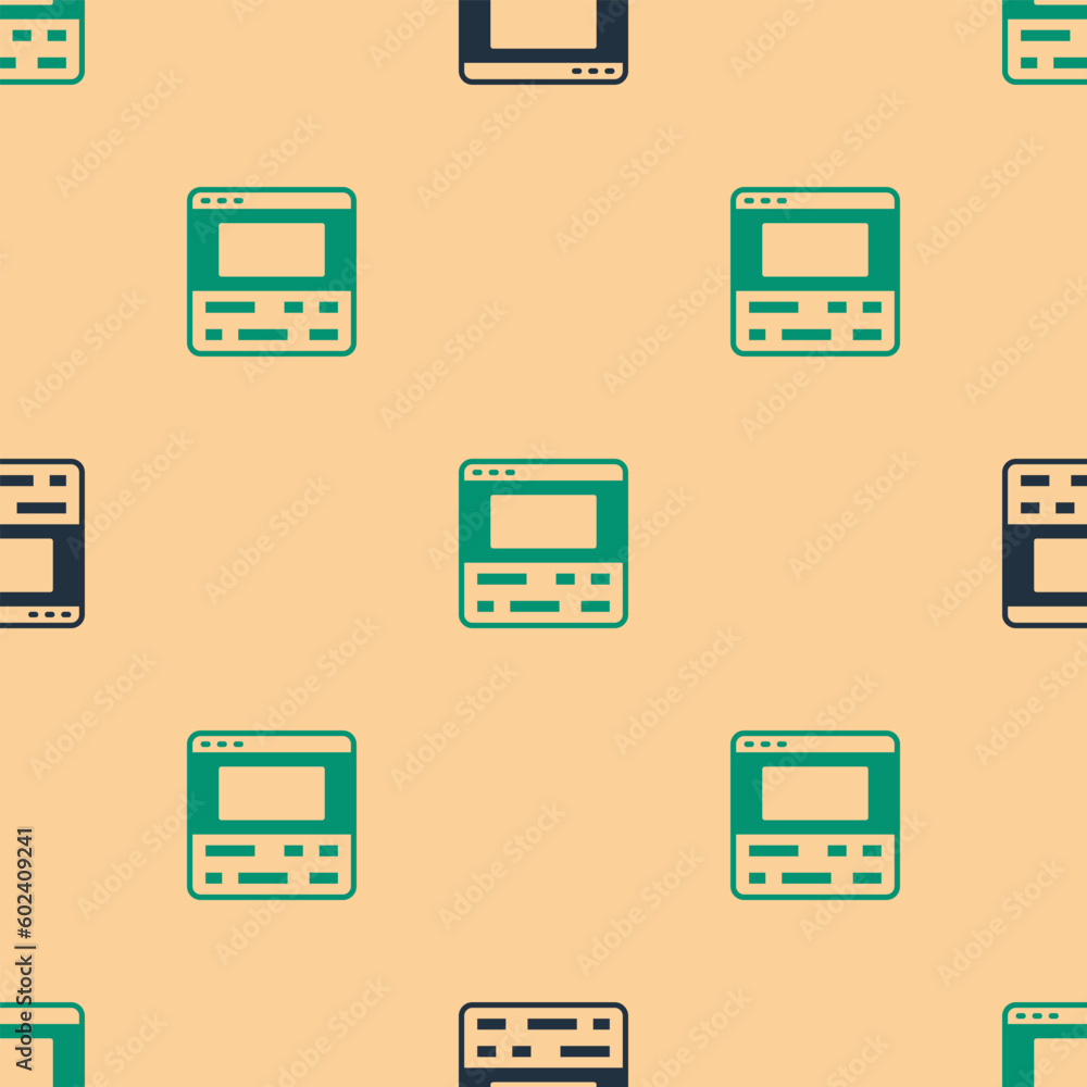 Poster green and black video recorder or editor software on laptop icon isolated seamless pattern on beige 