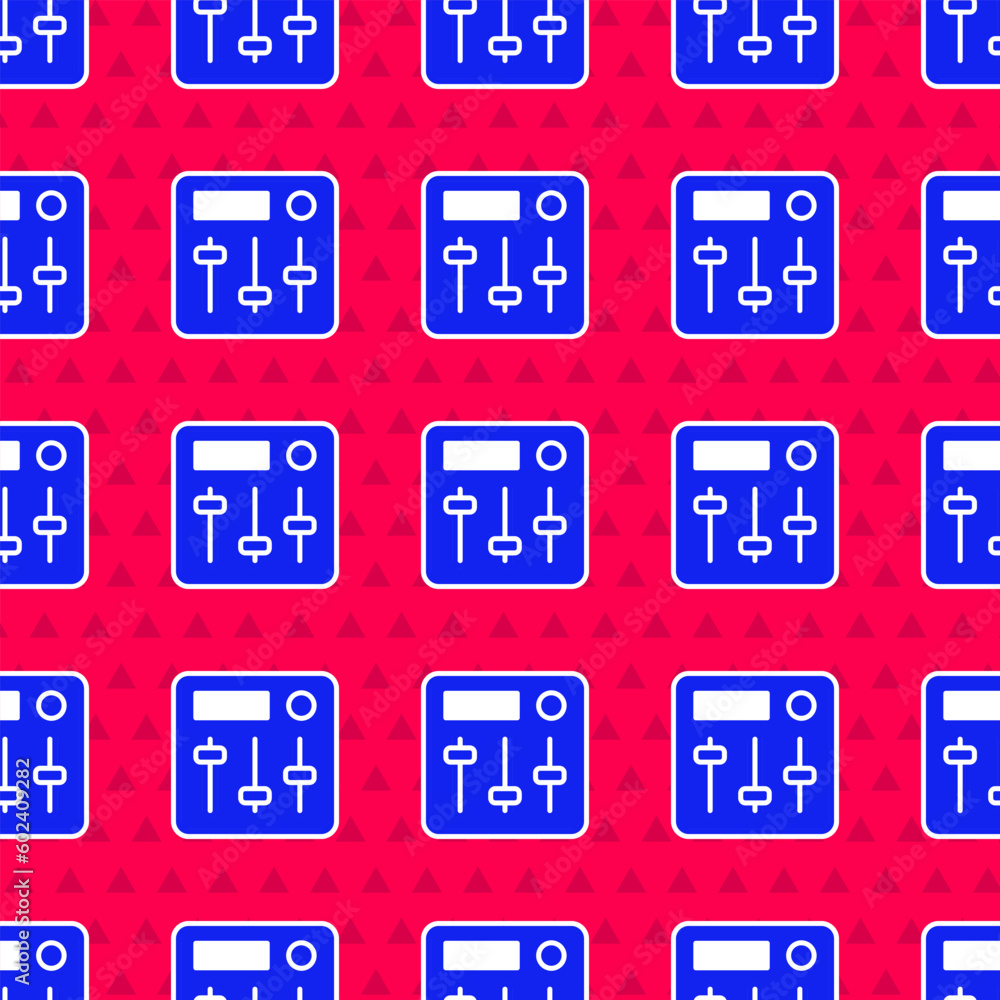 Poster blue sound mixer controller icon isolated seamless pattern on red background. dj equipment slider bu