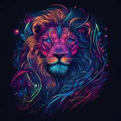 Obraz premium Lion zodiac sign in vibrant colors neon pink, purple, and blue. A psychedelic lion portrait. 