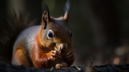 Naklejka na ściany i meble Portrait of Red Squirrel eating hazelnut Generative AI