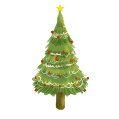 Sapin de noel illustration, arrière plan transparent png, avec boule de noel et girlande