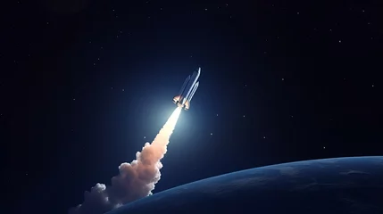 Photo sur Plexiglas Univers Spaceship takes off into the night sky on a mission. Rocket starts into space Generative AI