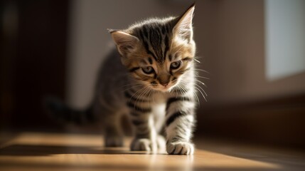 Striped tabby kitten walks across board Generative AI