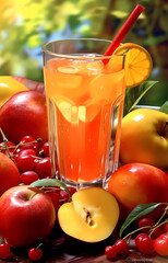 Fruit juice among fresh plucked fruits, front view.