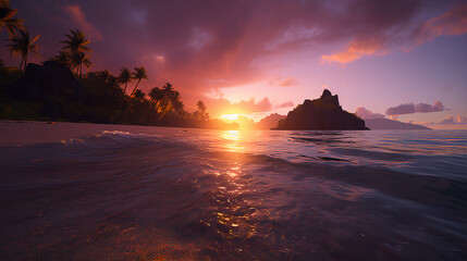 Obraz na płótnie Canvas sunset at the beach, beach, summer, island, peaceful, water, ocean, sand, palm tress, Generated by AI