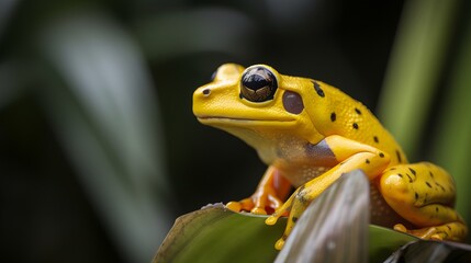 Close-up of a yellow frog on a heliconia plant Generative AI