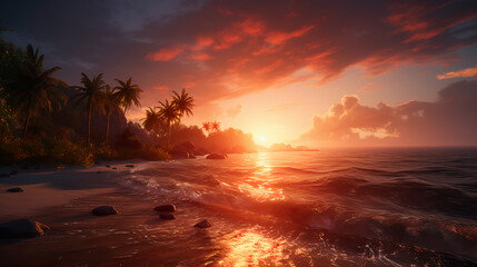 Fototapeta na wymiar sunset on the beach, water, island, summer, sea, palm tress, Generated by AI