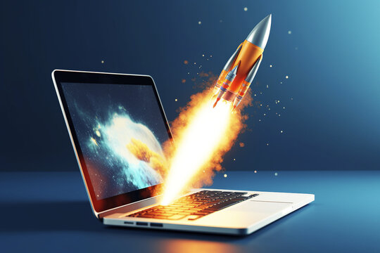 Rocket launched from a laptop, concept of online launch and digital marketing. Generative AI.