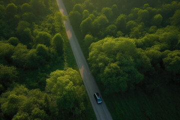 Aerial view road and forest. Road going through forest with car view from above. Generative AI