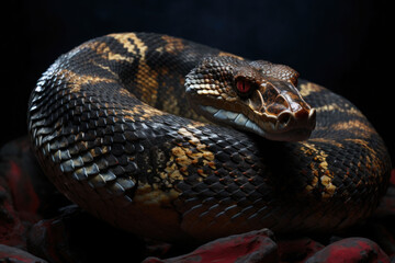 Fototapeta premium Ancient reptile with red eyes. Dangerous poisonous exotic snake. Generative AI