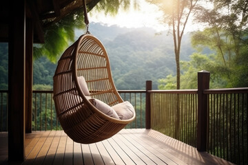 Wicker rattan hanging chair on wooden bamboo terrace in the jungle. Generative AI