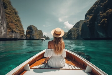 Fototapeta na wymiar Tourist woman in dress relaxing on boat at the beautiful islands, back view. Generative AI