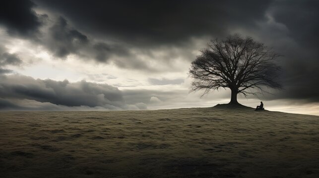 Solitary tree with lonely silhouette of a person. Sadness, loneliness, thoughtful concept. Generative AI.