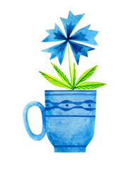 Cornflower in a blue cup. Watercolor illustration, postcard.