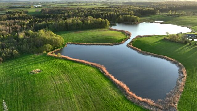 Aerial view of small lake in Warmia, northern Poland, Europe