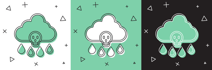 Set Acid rain and radioactive cloud icon isolated on white and green, black background. Effects of toxic air pollution on the environment. Vector