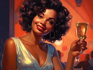african american woman in a dress holding wine