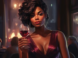 african american woman in a dress holding wine