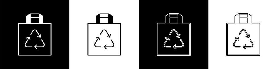 Set Paper shopping bag with recycle icon isolated on black and white background. Bag with recycling symbol. Vector