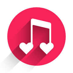 White Music note, tone with hearts icon isolated with long shadow background. Happy Valentines day. Red circle button. Vector