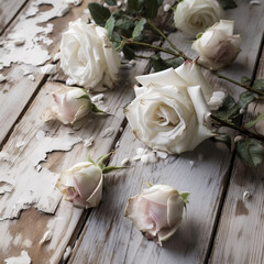 white roses on wooden background made with Generative Al