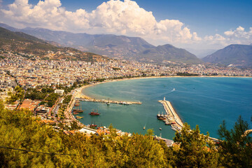 Fototapeta premium Wide angle shot of alanya cityscape view, landscape with port located in Turkey