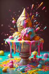 Rainbow ice cream fountain. Fluid chaos, art, liquid wavy up splash. Ai generated