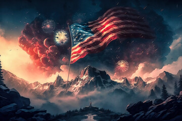 Fototapeta na wymiar Illustration of flag usa on mountain, fireworks background in clouds for Independence Day. Symbol of America
