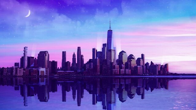 Cartoon New York City cityscape in the sunset. Animated background. Seamless loop