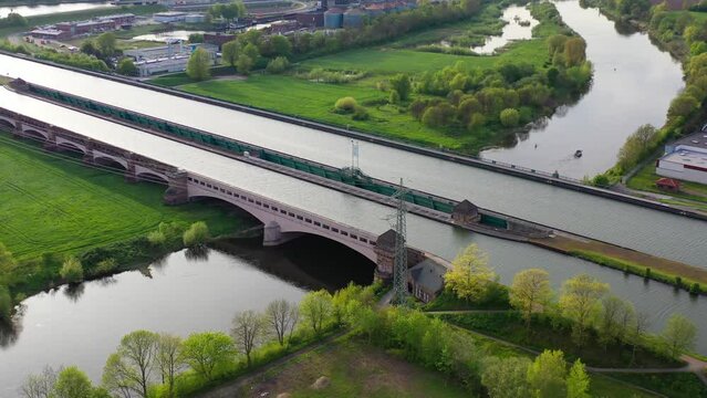 Aerial view of Minden Water Bridge over Weser River, Mittellandkanal, Minden, Germany. High quality 4k footage