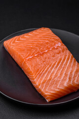 Fresh raw salmon red fish fillet with salt and spices