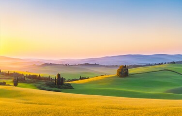 Fototapeta Panorama of sunrise in Tuscany, Italy (Generative AI obraz