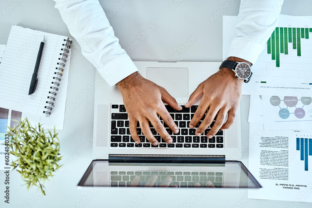 Poster business man, hands and laptop with documents, data analysis and digital planning, copywriting and s