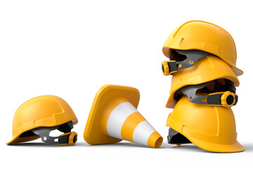 Stack of safety helmets or hard hats and traffic cones on white background - obrazy, fototapety, plakaty
