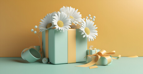 3D background. Yellow gift, open box display for cosmetic product presentation with whitechamomile daisy . Present with pastel green ribbon. Birthday or mother's day. 3D render shopping mockup. backgr