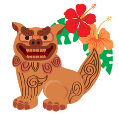 シーサーとハイビスカスとモンステラのイラスト　夏とリゾートと沖縄県のイメージ