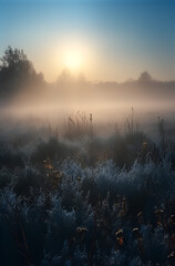 Background from thick morning blue fog with warm backlight from the rising sun