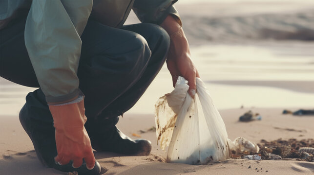 A volunteer collects garbage on a muddy beach. National clean plastic day. generative ai