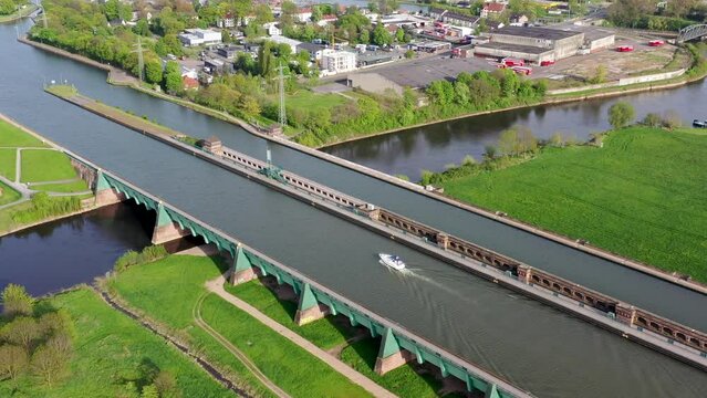 Aerial view of Minden Water Bridge over Weser River, Mittellandkanal, Minden, Germany. High quality 4k footage