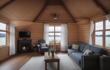 Fototapeta na wymiar A Serene Interior: Escape to a Yurt Living Room with Tall Windows in a Tropical Island Getaway generative ai