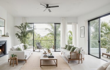 Fototapeta na wymiar A Tropical Eclectic Bungalow Living Room Interior generative ai